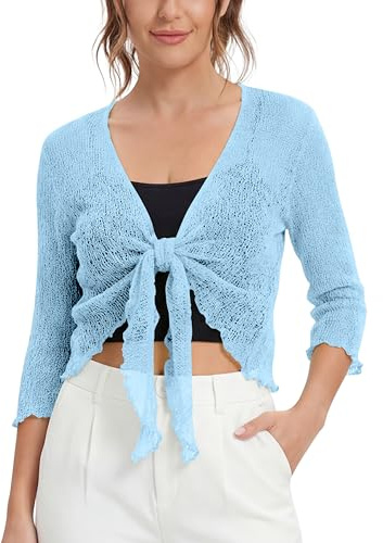 Love My Fashions® Women’s Fish Net Knitted Tie Up Bolero Shrug Top Ladies 3/4 Sleeve One Size Fits All Ice Blue