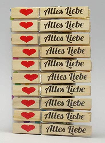 Webermann 10er Set Holzklammern - Wäscheklammer mit Text “Alles Liebe” - hochwertige deko Klammern aus Holz - Ideal als Foto Klammer, Tischdeko, Serviettenhalter