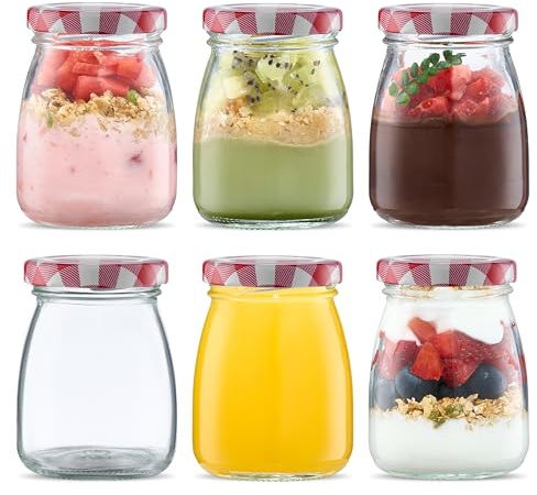 Danmu Art 6Pcs 100ml Yogurt Pudding Glass Jars with Red Gingham Lids Mini Empty Glass Jars Small Glass Bottles