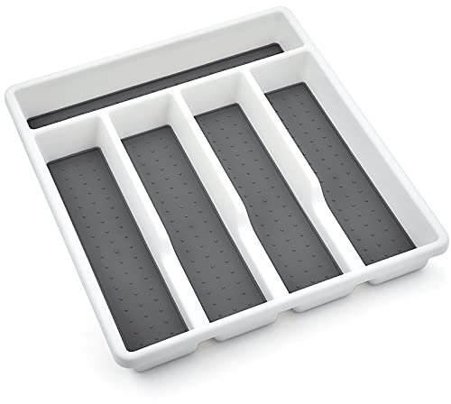 Joyfair Cutlery Tray, Plastic Drawer Organiser/Divider, 5 Compartments Utensil Tray, Heavy Gauge Silverware Holder, Kitchen/Office/Accessories, Anti-Slip Soft Base, White & Grey - 32.6x29cm