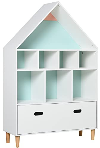 HOMCOM Estantería de Madera Infantil Forma de Casa Librería para Niños con 8 Compartimentos Abiertos y Cajón de 2 Colores 82x30x126 cm Blanco