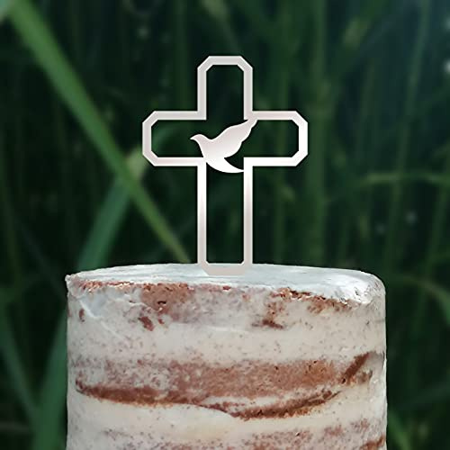 Cake Topper (Friedenstaube) Kreuz Taufe Konfirmation Kommunion Torte Kuchen Deko (Silber)