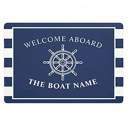 WZXKR Personalisierte Fußmatte Nautische Radanker Personalisierte Willkommen an Bord Fußmatte Bootsname Marineblau gestreifte Fußmatte Teppich Teppich rutschfeste Wohnkultur