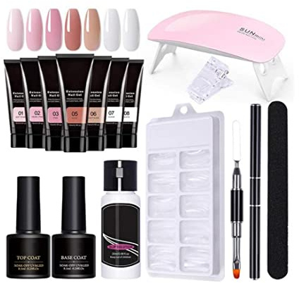 Kit per unghie Polygel, Poly Nail Gel Kit Starter, Gel di prolunga per unghie Set Gel Polish Starter Kit con lampada UV Nail File Clip-ALL-ALL-UN-One Kit per unghie francese SALON DIY a casa