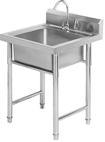 ZWLI Bathrooms Freestanding Sink Single Bowl Square Drop in Basin Sink with Faucet 304 Stainless Steel Hand Wash Sink Basin for Restaurant Home Utility Sink