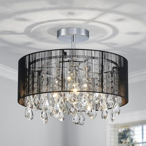 Shrine Lighting Lampadario in Cristallo, Design Moderno, Lampada da Soffitto per Ambienti, D40 x H35cm, Portalampada E27*1, Paralume in Tessuto Nero e Struttura in Finitura Cromo