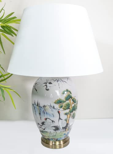 DOWNTON INTERIORS Large Grey Chinese Oriental Ceramic Table Lamp Green Black Crane Bird Pattern Overall Height 62cm (G2108) (White Plain Shade)