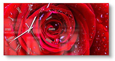 DEQORI Glasuhr | vertikal 60x30 cm | Motiv Rose mit Wasserperlen | große XXL Design Uhr aus Glas | leise Wanduhr für Wohnzimmer & Küche | Moderne Hingucker Uhr für die Wand