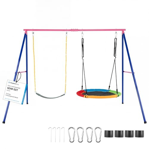 COSTWAY 2 en 1 Balançoire Enfants avec Portique en Métal, Balançoire Nid d'Oiseau Ø100cm et en U avec Tapis Antidérapant, Intérieur et Extérieur, Charge 250kg pour 2 Enfants de 3 Ans+