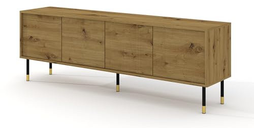 Homlando TV Schrank Sherwood 180 cm 4D - Moderner TV-Möbel mit mit gefräster Front Hochwertiges MDF- Lowboard mit Stauraum für Wohnzimmer Schlafzimmer - Metallbeine (Artisan Eiche)