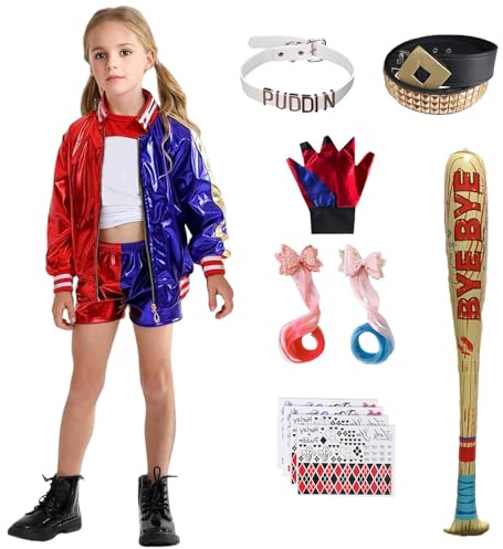Formemory Quiinn Kostüm Damen,Halloween Karneval Kostüm Faschingskostüme mit Handschuhe Jacke T-Shirt Shorts Netzstrümpfe für Halloween Karneval (Kinder(9-teiliges Set, 130)