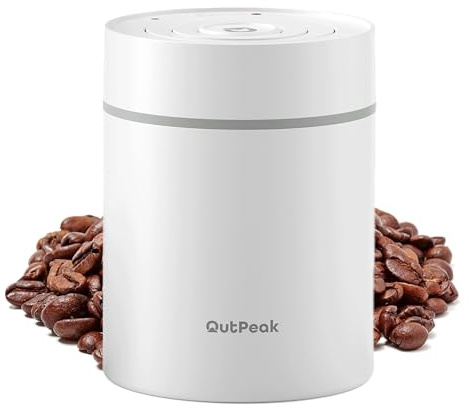 OUTPEAK Neo 2025 - Recipiente de café al vacío automático, 0.5 L para granos de café de 4.6 onzas, operación con un botón, pequeño recipiente de café hermético con cuchara, recipiente de