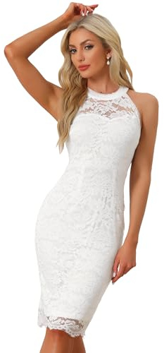 Allegra K Damen Spitzenkleid Ärmellos Figurbetontes Elegantes Etuikleid Neckholder Kleid Weiß L