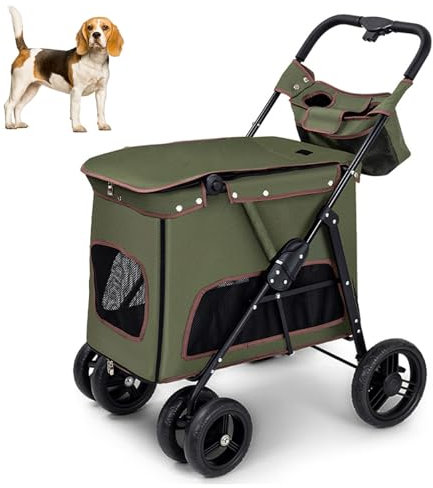 PJDDP Hundewagen Für Mittlere Hunde, Pet Wagon Kinderwagen EIN-klick-Falten 4 Rad Haustierwagen Kinderwagen Tragbarer Haustierreisejogger Bis Zu 66 Pfund,Grün