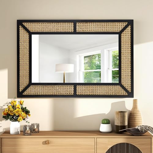 SHYFOY Rechteckiger Spiegel mit Rattan, 90 x 60 cm, Böhmischer Großer Wandspiegel, Dekorative Spiegel mit Holzrahmen, für Flur, Wohnzimmer, Schlafzimmer (Schwarz)
