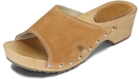 BeComfy Damen Clogs Leder Damen Holzclogs mit Absatz Wildleder Holzschuhe Clogs Veloursleder Leder Pantoletten 35-41 EU (Braun, EU Schuhgrößensystem, Erwachsene, Numerisch, M, 39)