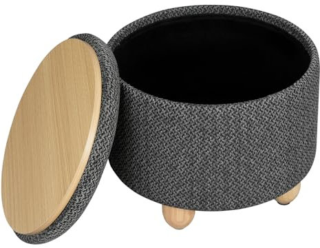 WOLTU Hocker mit Stauraum, Sitzhocker Gepolstert rund, Couchtisch mit Massivholzbeine, Fußhocker mit Deckel, Leinenbezug, Ø39x33 cm, Dunkelgrau