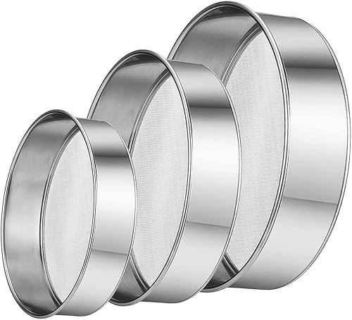 Ruikcoll Tamiz de harina Fino Grande con una Mano para Hornear, Frutas y Verduras, tamiz de harina de Acero Inoxidable de 15/20/25 cm, 3 tamices de harina de Malla 40/60.