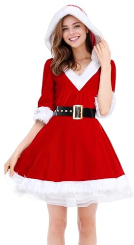 HarnyLoom Weihnachtsfrau Kostüm Damen Weihnachtsmann Kleid mit Kapuze Nikolaus Weihnachtsfrau Weihnachten Rot Weihnachtskostüme Samt Gürtel Party Cosplay(L)