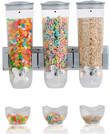 IUokLU 4.5L Wall Mounted Cereal Dispenser Triple Dry Food Dispensers with 3 Cupsfor Store Oatmeal Coffee Bean Nuts CandySnackGrain (Silver 4.5L)，Silver-4.5L