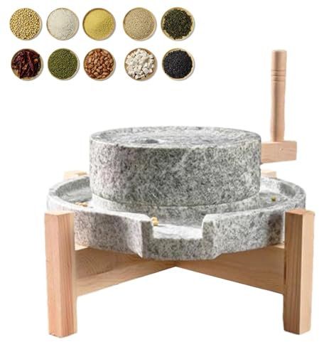 Vibeo Stone Grain Mill Small Tea Spice Nut Grain Grinding Stone Mill, Natural Smooth Granite Manual Food Paste Mill, Hand Crank Wet Grain Grinder with Stand