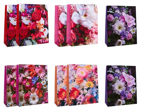 Idena 90225 - Sacs cadeaux Classic fleurs, 10 pièces, sacs cadeaux de 18 x 23 x 8 cm, sacs en papier brillant avec fleurs multicolores
