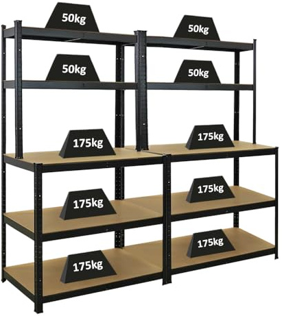 PROREGAL Mega Deal 2X Profi Werkbank Giant Beast HxBxT 180x100x60cm Fachlast 175kg Schwarz, Werkbankregal, Schwerlastregal mit Werkbank, Werkzeugbank, Arbeitstisch