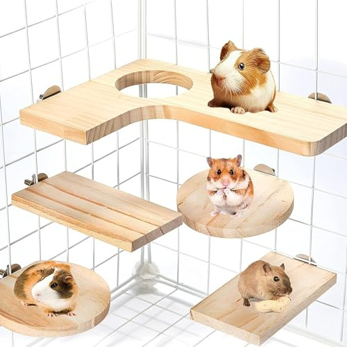 Gwezmxs Hamster Zubehör aus Holz 5PCS Set für Kleintier Plattform Käfig, DIY Dekor