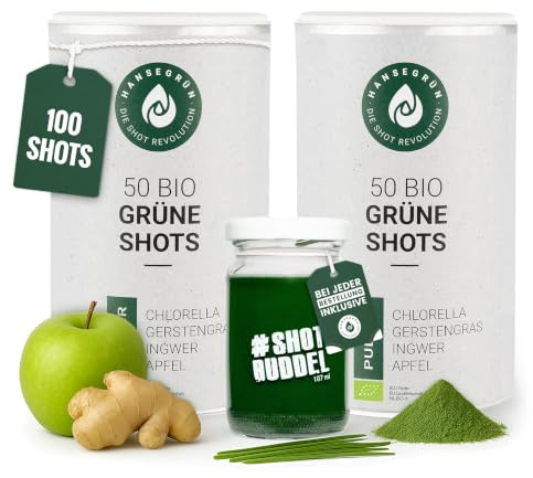 Hansegrün - 2x Bio Grüne Darm Shots (100 Stk.) - Superfood-Pulver mit Gerstengras - Vegane Greens für die Darm-Gesundheit¹ - mit Chlorella & Brennessel - 100% echte Zutaten zur täglichen Zubereitung