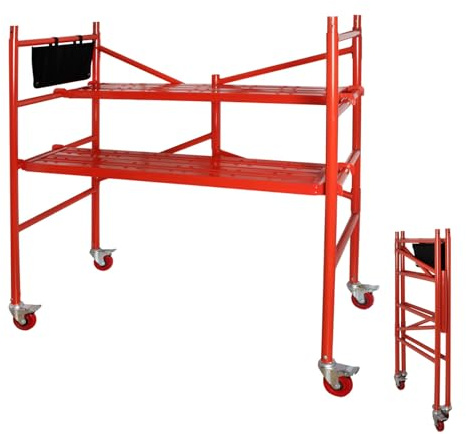 LEADALLWAY Portable Rolling Scaffolding Platform 4 Foot High Mobile Baker Scaffolding 770 LBS Capacity with Locking Wheels and Tool Bag, Red