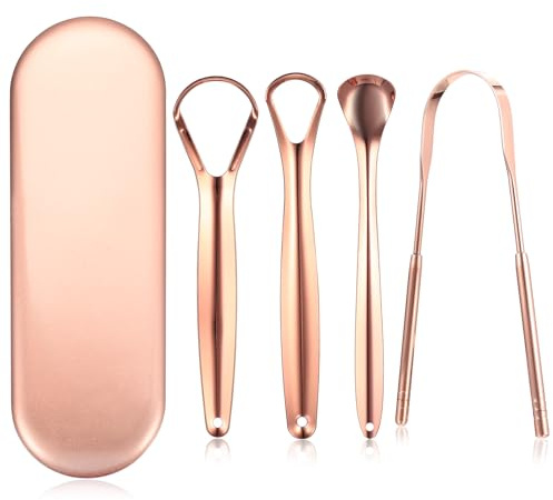 4 Pcs Raspador de Lengua, Tongue Scraper, Limpiador de Lengua Metálico, Limpiador Lenguas, Raspadores Lingua para Adultos Mujeres Hombres, Cuidado Bucal y Aaliento Fresco(con Estuche) (Oro rosa)