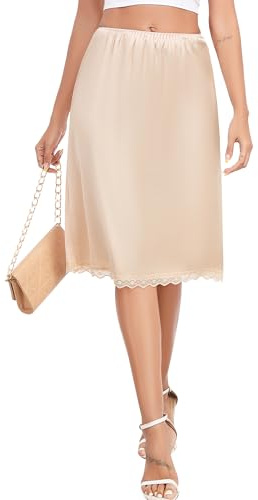 Vlazom Jupon Femme Longue Satin sous-Robe avec Bordure en Dentelle Délicate Fond de Jupe Taille Élastique