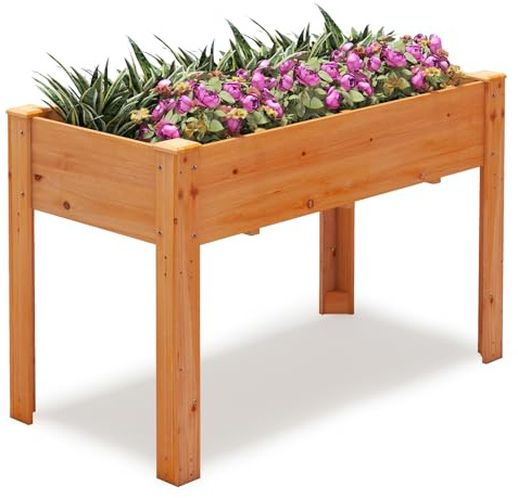 HOMASIS Huerto Urbano de Madera Abeto, 120 x 60 x 81 cm, Jardinera Elevada Terraza Exterior con Orificio de Drenaje, Compartimento de Almacenamiento, para Jardín, Balcón, Casa (marrón Rojizo)