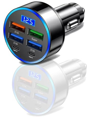 Car Charger, 6-Port Car Charger Adapter with LED Display, 12V/24V Cigarette Lighter Splitter, Multi-Ports QC3.0 USB & Type-C Fast Charging Car Phone Adapter, Super Fast charger For Multiple Devices.