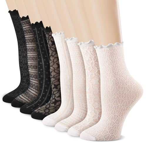 Utensilsto Lot de 8 paires de chaussettes à volants avec dentelle, chaussettes traditionnelles pour femme 36-40, noir et blanc, 4 motifs pour Dirndl et quotidien