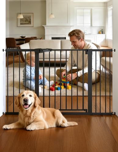 Babelio 36 Tall Baby Gate, PressGuard P7, 29-55 Auto Close Pressure Mounted Dog Gate for Doorways & Hallway, Basics Easy Walk Thru Pet Gate, Extra Wide Metal Child Gate, Black