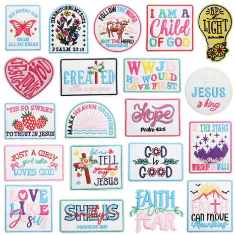 Xanthelle Patches zum Aufbügeln, 20 Englische Bestickte Bügelflicken mit Jesus Motiven, Bügelbilder für Textilien, Kinder & DIY Patches Selbst Gestalten