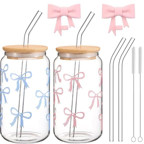 Exquilnova 2 Stück 500ml Glas Trinkbecher mit Deckel und Strohhalm, Rosa Schleife Glasbecher mit 2 Glas Strohhalm, Matcha Gläser für Kaffee, Cocktail, Smoothie, Clean Girl Aesthetic Stuff