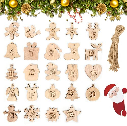 Adventskalender Zahlen Holz, 24 Pcs Adventskalender Zahlen Anhänger, Weihnachtsanhänger Holz für Weihnachtsdekoration, Weihnachten DIY Geschenk