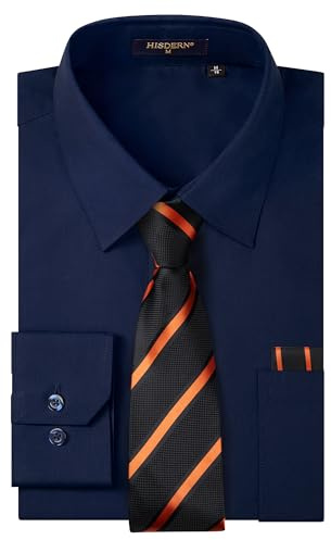 HISDERN Camisa Hombre Manga Larga y Corbata Azul Camisa Slim Fit Hombre Elegante Casual de Boda de Color Sólido Estilo de Negocios con Botones y Bolsillos Regular XL