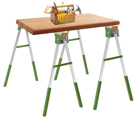 NaMaSyo 2PCS Saw Horse Twin Pack Folding Workbench Work Trestles Stands Adjustable Portable Sawhorses Pair for Sawing Work Cutting Logs (Green)