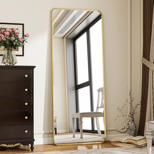 Koonmi Ganzkörperspiegel 58 x 168 cm Gold, Stabiler Rahmen mit Ständer | mit Ständer, zum Anlehnen oder Aufhängen, stabiler Rahmen, Sicherheitsglas für Schlafraum, Ankleide, Wohnzimmer und Flur