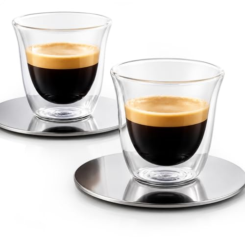 Doppelwandige Espresso-Gläser, 80 ml, Espresso-Set, Schwebe-Effekt, Thermogläser, hitzebeständiges 2er Espresso Tassen Set mit Edelstahl-Untersetzern