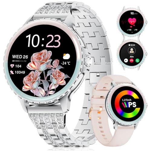 LIGE Smart Watch Women Phone Call 1.27 HD Round Stainless Steel Fitness Tracker Elegant Diamond Smartwatch for Android iOS,100+ Sports Modes,Heart Rate,Sleep Monitor,Menstrual Cycle,Silver Pink