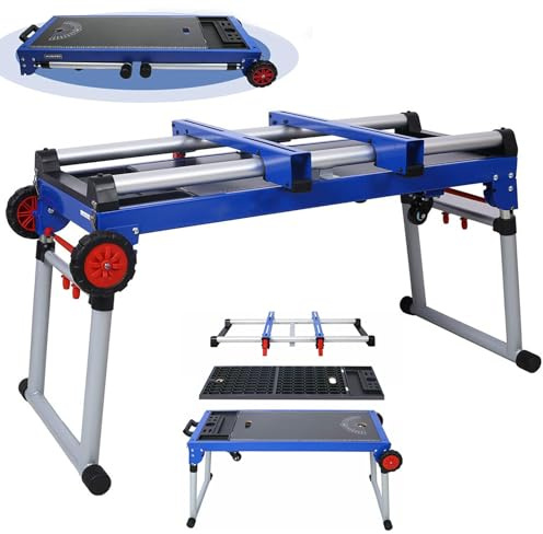 Banco da lavoro e supporto per sega troncatrice, regolabile in altezza, piano di lavoro mobile con vassoio per attrezzi - 5 in 1 ponteggio/carrello/piattaforma rimovibile per lavorazione del legno
