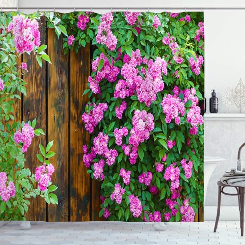 OCEUMACO Garden Shower Curtain Outdoor, 3D Fence Flowers Scenery Decorative Shower Curtains Bathroom, Waterproof Fabric Bath Curtain Garden Scene Theme with Hooks 240x200 cm, A02