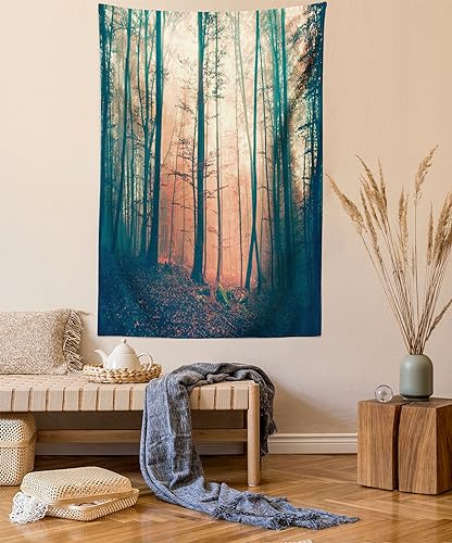 ABAKUHAUS Wald Wandteppich, Herbst-Waldwald aus Weiches Mikrofaser Stoff Waschbar ohne Verblassen Digitaldruck, 150 x 110 cm,Dunkelgrün Korallenrot