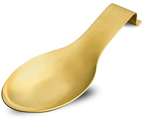 Repose-cuillère en acier inoxydable, support pour spatule, louche, support de repose-cuillère en acier inoxydable, finition brossée, passe au lave-vaisselle, 9,6 x 24,6 cm (couleur dorée)