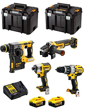 DeWALT Kit DWK401 (Taladro Percutor DCD996 + Martillo Perforador DCH273 + Mini-Amoladora DCG405 + Atornillador de Impacto DCF887 + 2 Baterías de 5,0 Ah + Cargador + 2 x TSTAK VI)