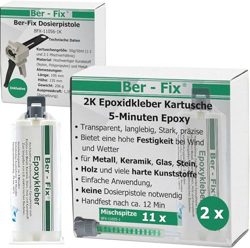 Ber-Fix 2K Epoxidharz Kleber 30 Min – Starker 2-Komponenten-Kleber für Kunststoff, Metall, Holz, Glas, Stein, Beton 2x 50g Kartusche + Pistole + 10 Spitzen